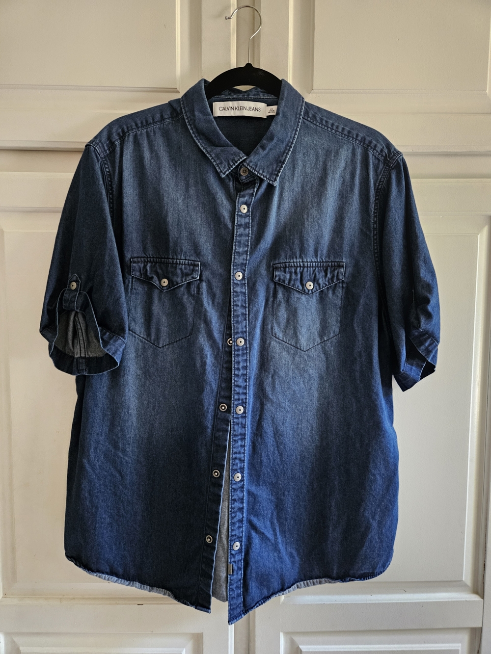 Mens Calvin Klein Jeans Blue Denim Short Sleeve Snap Down Shirt L